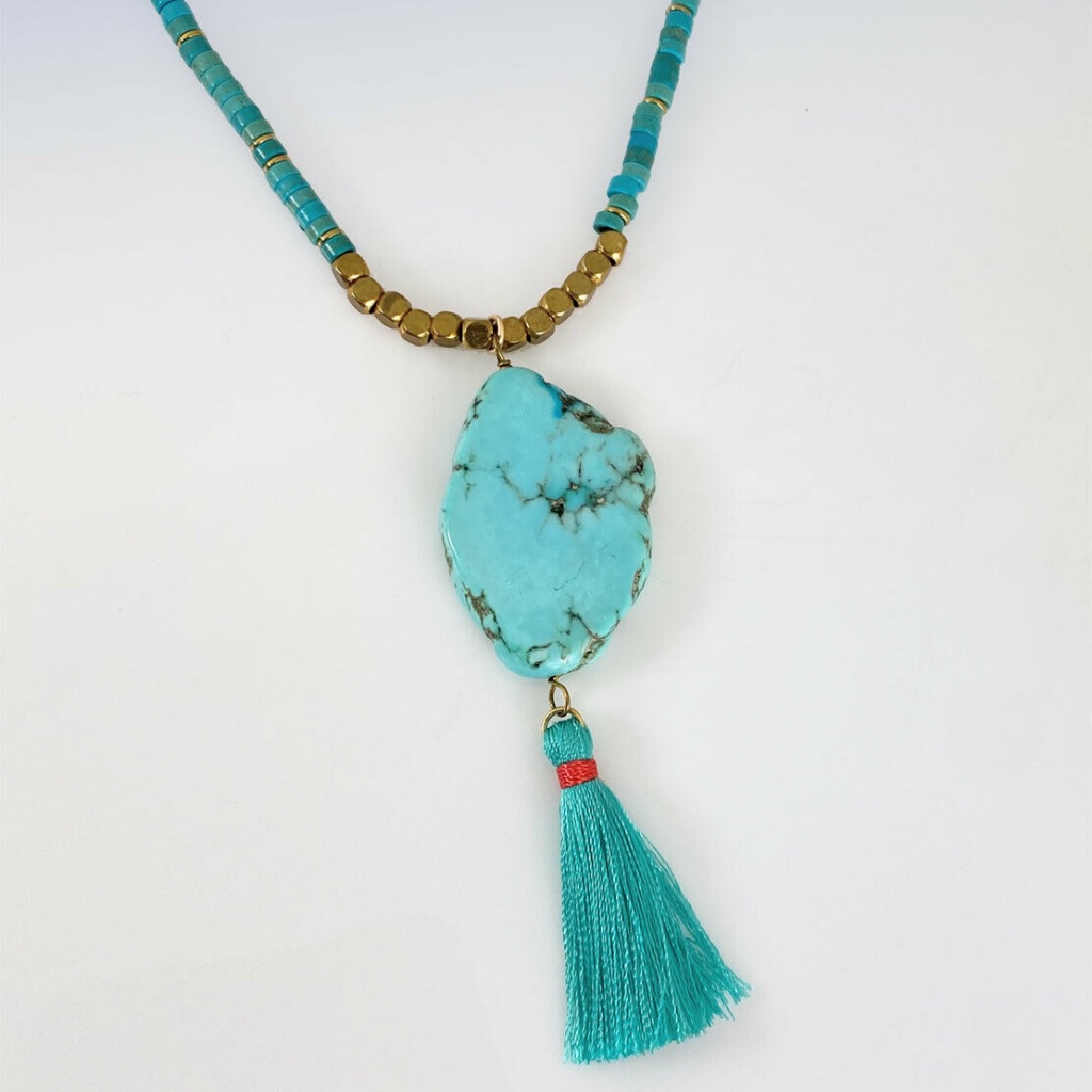 Panacea Long Turquoise Heishi Beaded Tassel Stone Pendant Necklace 21$